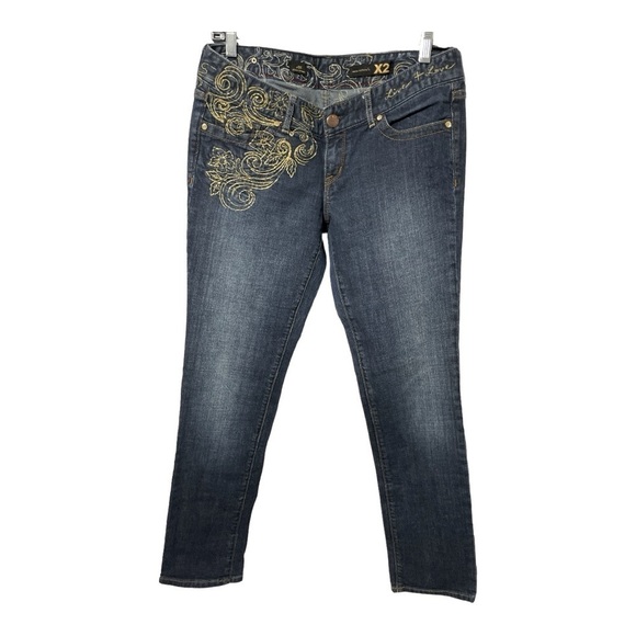 Express Y2K X2 Quality Denim Jeans Sz 8 Zelda Skinny Low Rise w/ Gold Embroidery - Picture 2 of 11